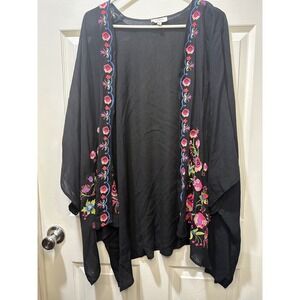 Umgee Black Floral Embroidered Kimono Cardigan Women's M/L Lightweight Duster